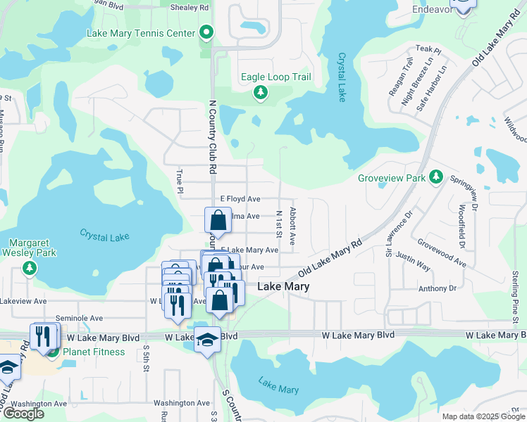 map of restaurants, bars, coffee shops, grocery stores, and more near 165 East Alma Avenue in Lake Mary