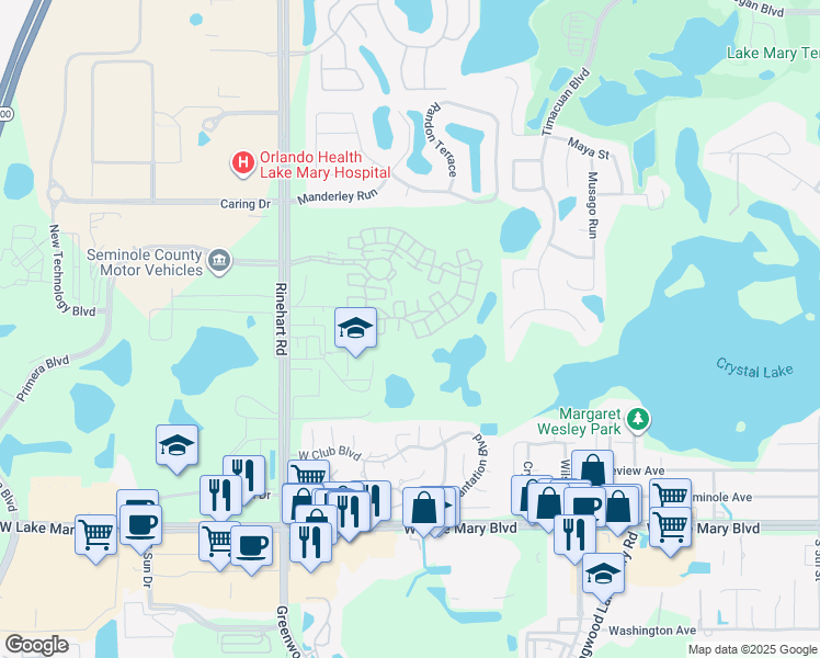 map of restaurants, bars, coffee shops, grocery stores, and more near 1916 Lobelia Drive in Lake Mary