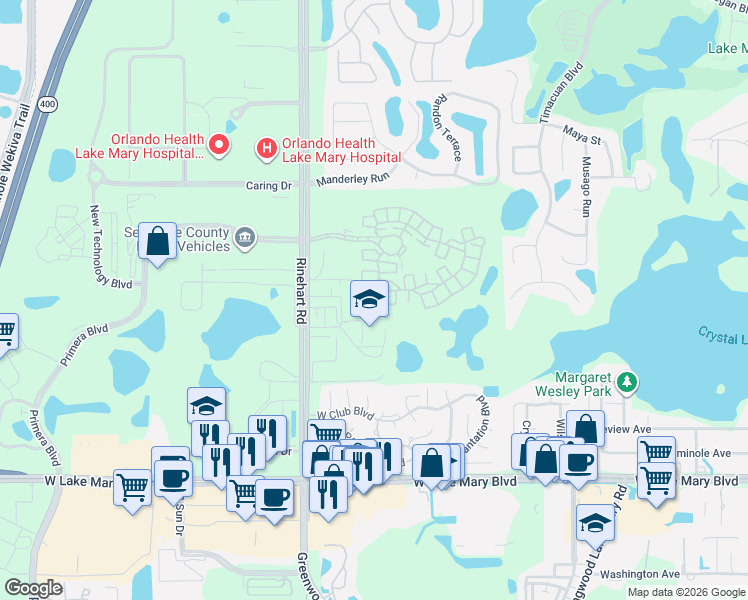 map of restaurants, bars, coffee shops, grocery stores, and more near 1220 Lobelia Drive in Lake Mary