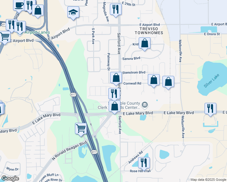 map of restaurants, bars, coffee shops, grocery stores, and more near 216 Kelly Circle in Sanford