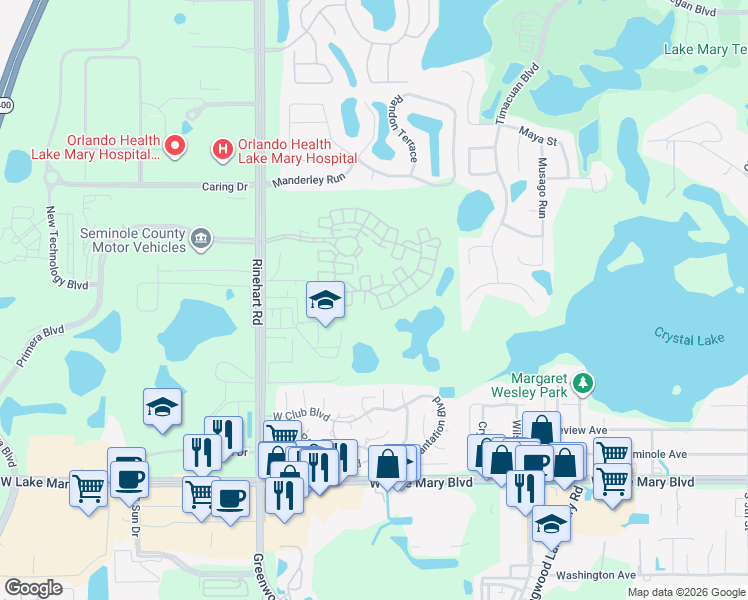 map of restaurants, bars, coffee shops, grocery stores, and more near 1916 Lobelia Drive in Lake Mary