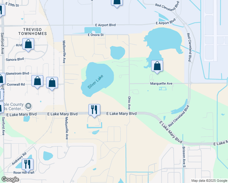 map of restaurants, bars, coffee shops, grocery stores, and more near 3450 Ohio Avenue in Sanford