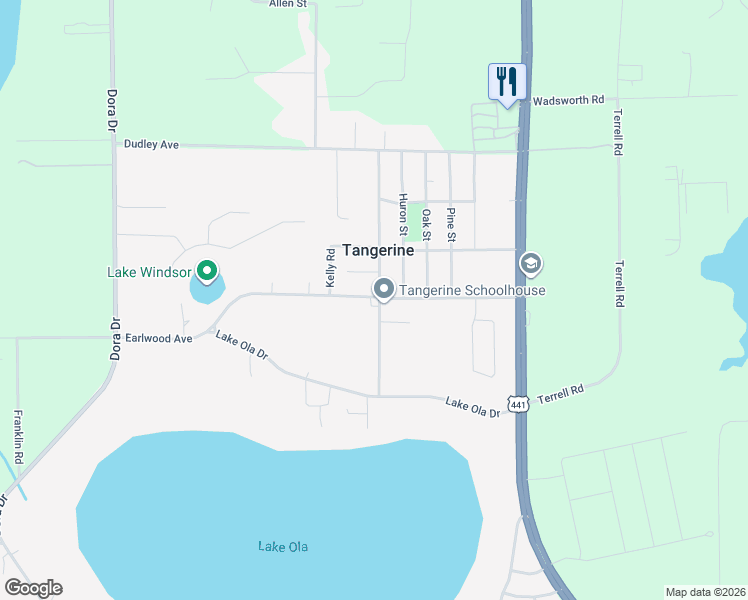 map of restaurants, bars, coffee shops, grocery stores, and more near 5400 Lake Street in Mount Dora