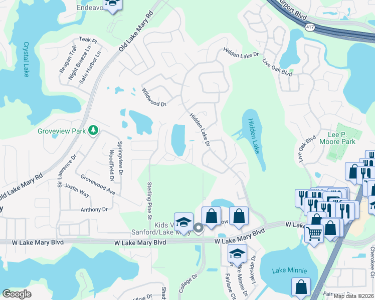 map of restaurants, bars, coffee shops, grocery stores, and more near 2293 Brookridge Trail in Sanford