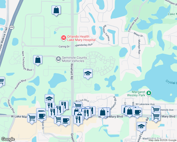 map of restaurants, bars, coffee shops, grocery stores, and more near 952 Lobelia Drive in Lake Mary