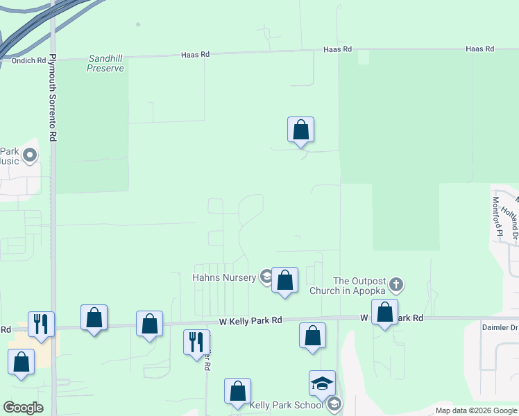 map of restaurants, bars, coffee shops, grocery stores, and more near 2736 Park Ridge Street in Apopka