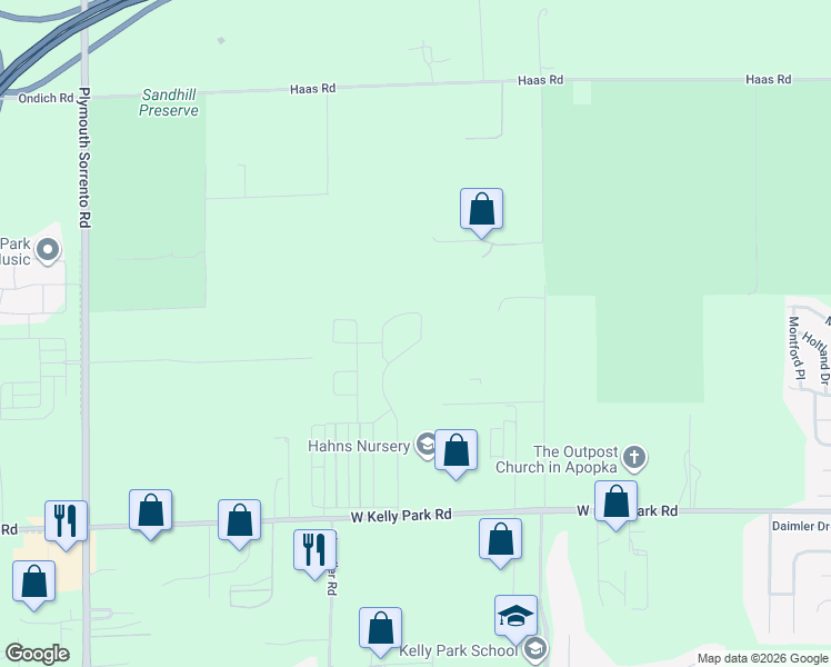 map of restaurants, bars, coffee shops, grocery stores, and more near 2736 Park Ridge Street in Apopka
