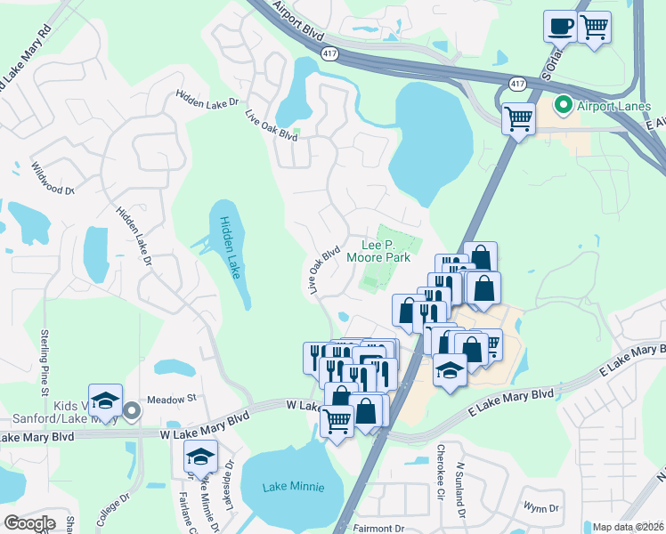 map of restaurants, bars, coffee shops, grocery stores, and more near 101 Sugar Maple Court in Sanford