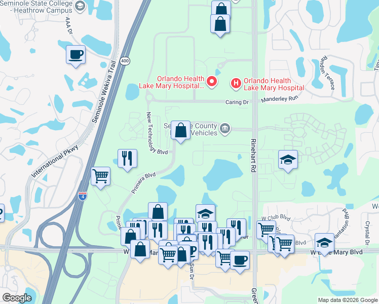 map of restaurants, bars, coffee shops, grocery stores, and more near 845 Anderson Lane in Lake Mary