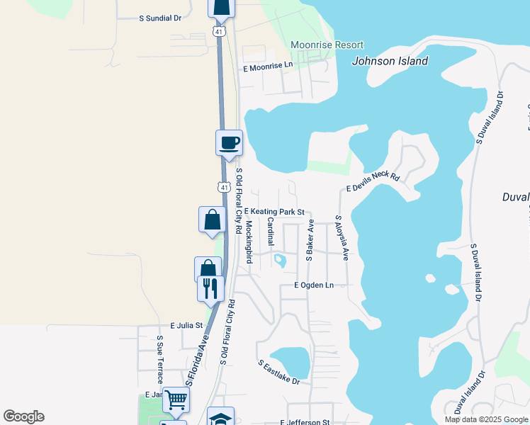 map of restaurants, bars, coffee shops, grocery stores, and more near 8619 East Keating Park Street in Floral City