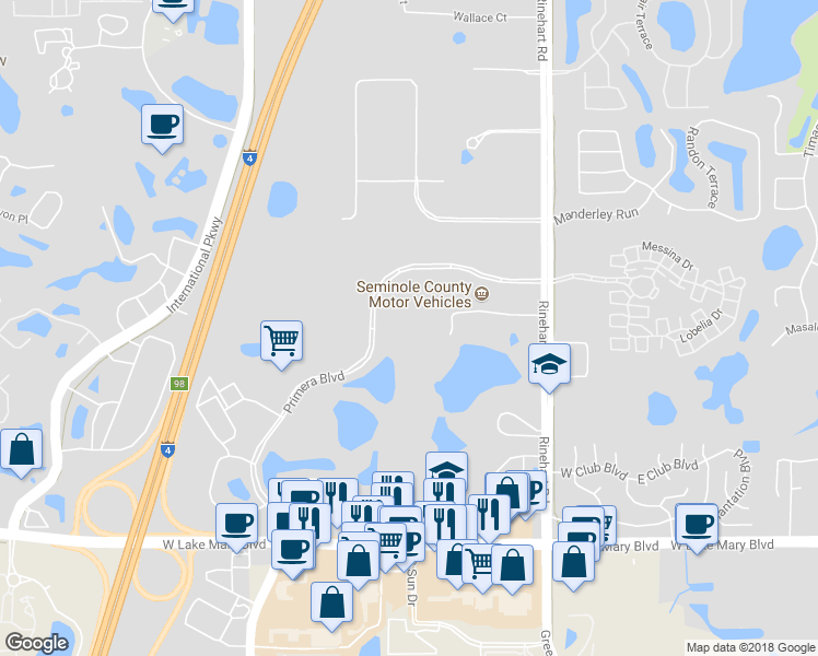 map of restaurants, bars, coffee shops, grocery stores, and more near 845 Anderson Lane in Lake Mary