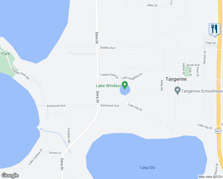 map of restaurants, bars, coffee shops, grocery stores, and more near 7691 Lake Angelina Drive in Mount Dora