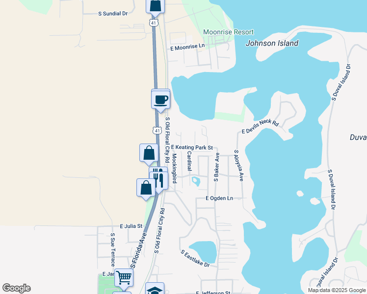 map of restaurants, bars, coffee shops, grocery stores, and more near 8619 East Keating Park Street in Floral City