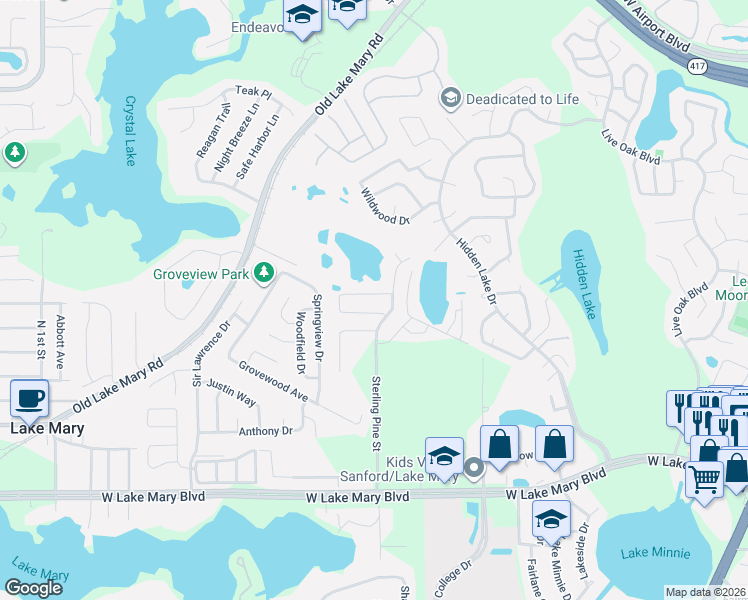 map of restaurants, bars, coffee shops, grocery stores, and more near 146 Pine Isle Drive in Sanford