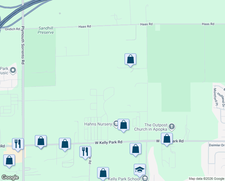 map of restaurants, bars, coffee shops, grocery stores, and more near 2736 Park Ridge Street in Apopka