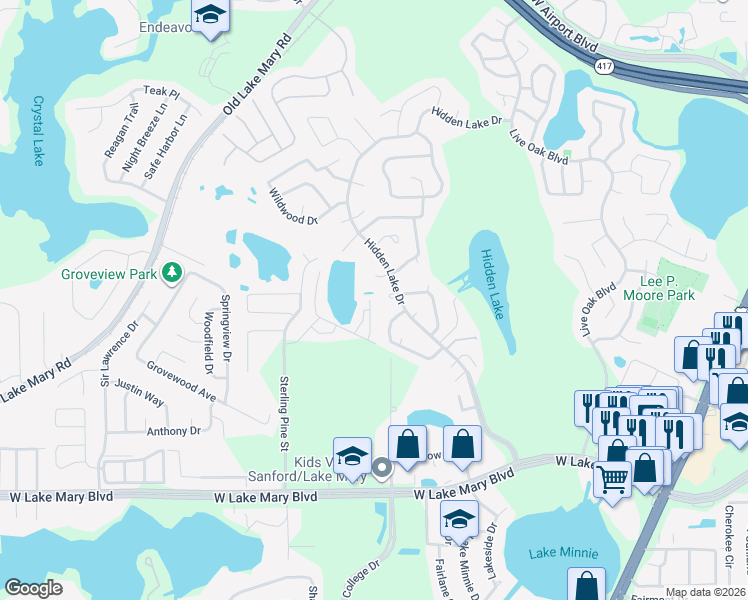 map of restaurants, bars, coffee shops, grocery stores, and more near 2293 Brookridge Trail in Sanford