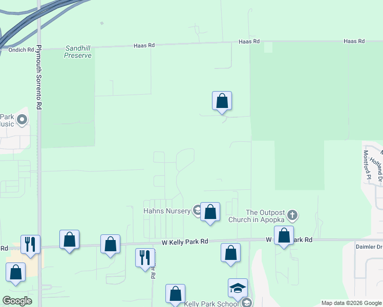 map of restaurants, bars, coffee shops, grocery stores, and more near 2736 Park Ridge Street in Apopka