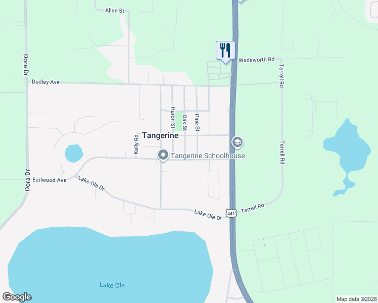 map of restaurants, bars, coffee shops, grocery stores, and more near 5535 Oak Street in Mount Dora
