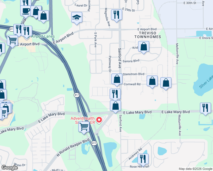 map of restaurants, bars, coffee shops, grocery stores, and more near 300 Fern Drive in Sanford