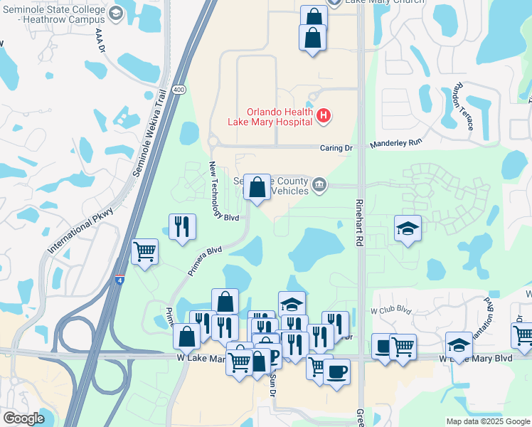 map of restaurants, bars, coffee shops, grocery stores, and more near 845 Anderson Lane in Lake Mary