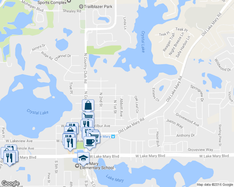 map of restaurants, bars, coffee shops, grocery stores, and more near 202 East Floyd Avenue in Lake Mary