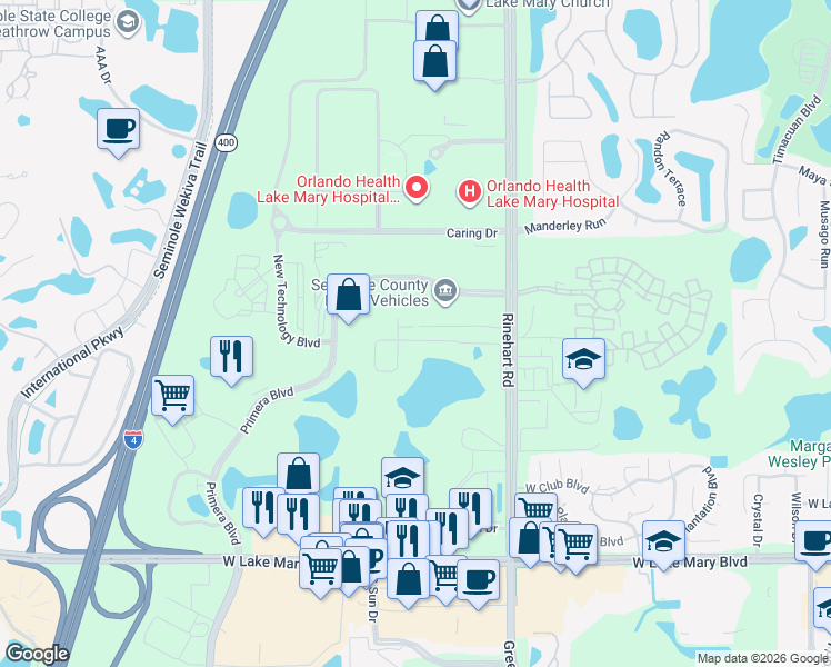 map of restaurants, bars, coffee shops, grocery stores, and more near 1280 Patterson Terrace in Lake Mary