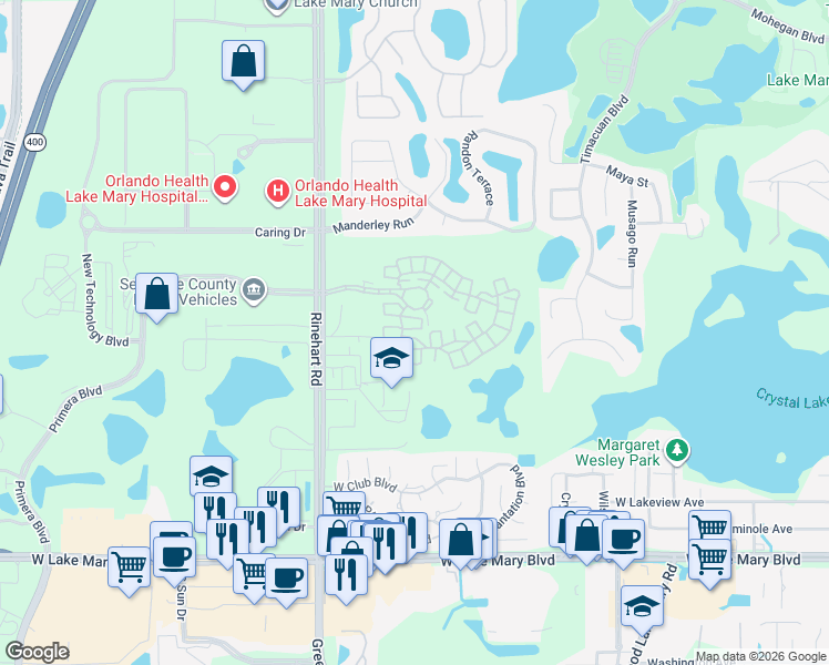 map of restaurants, bars, coffee shops, grocery stores, and more near 817 Lobelia Drive in Lake Mary