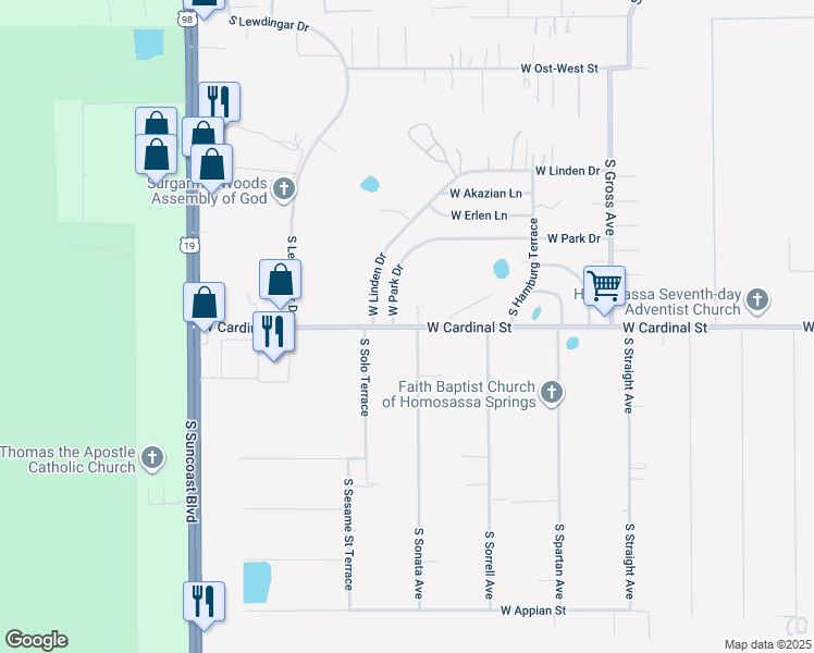 map of restaurants, bars, coffee shops, grocery stores, and more near 6705 West Cardinal Street in Homosassa