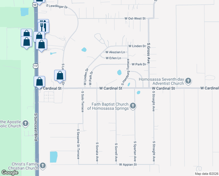 map of restaurants, bars, coffee shops, grocery stores, and more near 6629 West Cardinal Street in Homosassa
