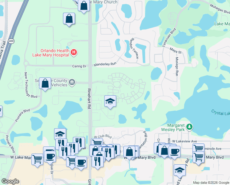 map of restaurants, bars, coffee shops, grocery stores, and more near 817 Lobelia Drive in Lake Mary