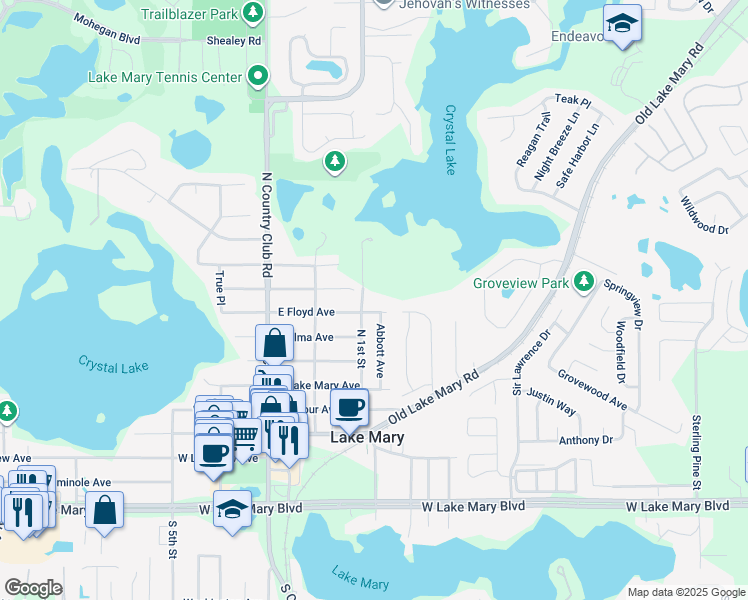 map of restaurants, bars, coffee shops, grocery stores, and more near 202 East Floyd Avenue in Lake Mary