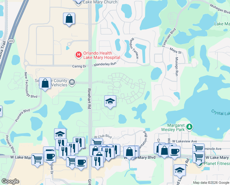 map of restaurants, bars, coffee shops, grocery stores, and more near 653 Lobelia Drive in Lake Mary