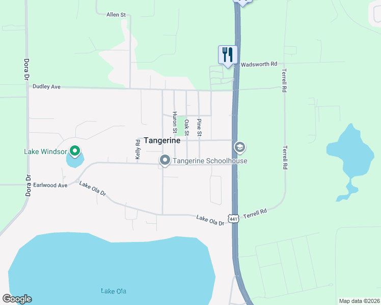 map of restaurants, bars, coffee shops, grocery stores, and more near 5535 Oak Street in Mount Dora