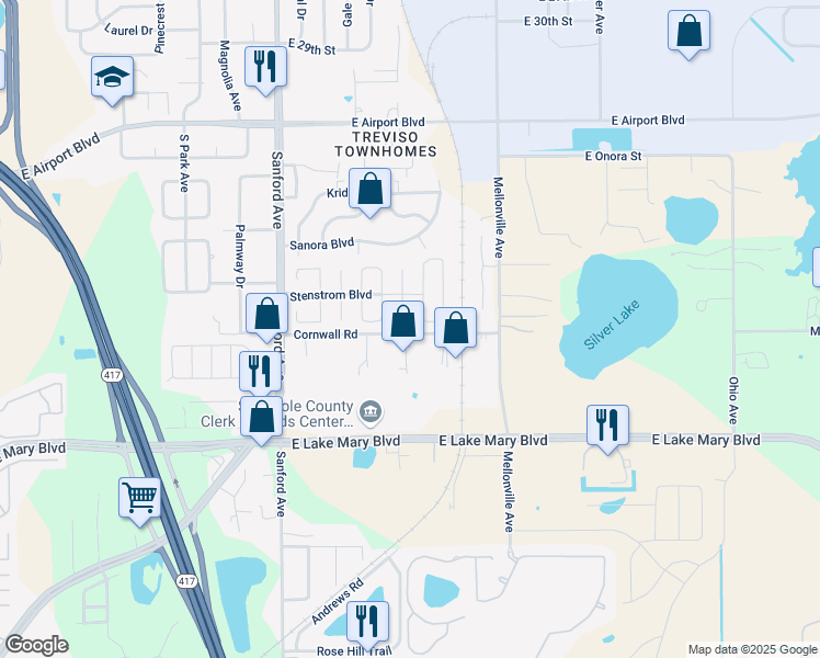 map of restaurants, bars, coffee shops, grocery stores, and more near 211 South Somerset Court in Sanford