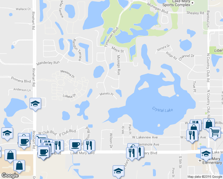map of restaurants, bars, coffee shops, grocery stores, and more near 793 Musago Run in Lake Mary