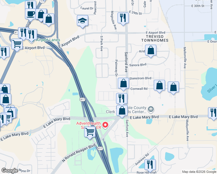 map of restaurants, bars, coffee shops, grocery stores, and more near 300 Fern Drive in Sanford