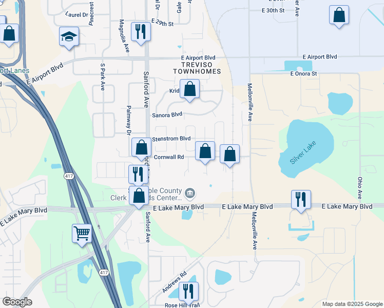 map of restaurants, bars, coffee shops, grocery stores, and more near 218 S Aberdeen Cir in Sanford