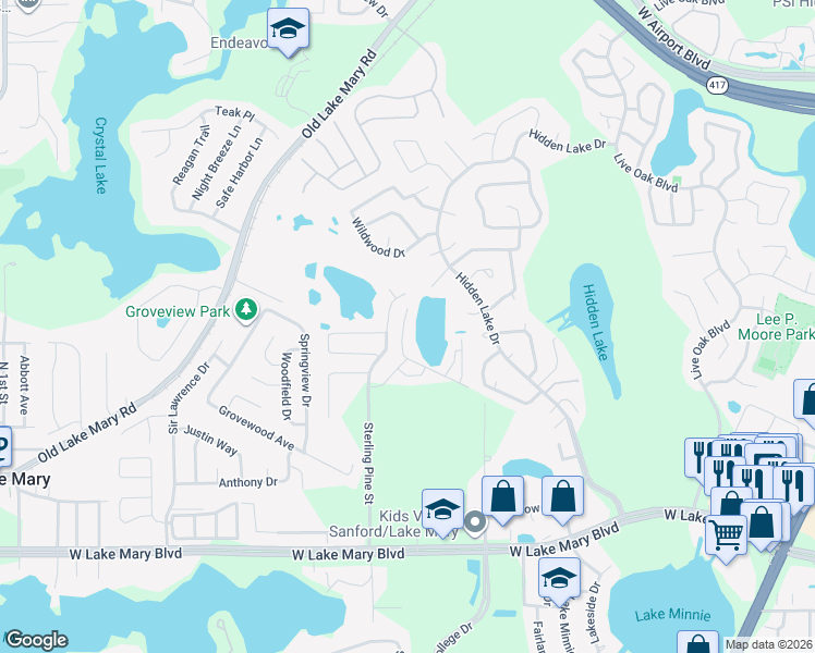 map of restaurants, bars, coffee shops, grocery stores, and more near 1054 Victoria Glen Drive in Sanford