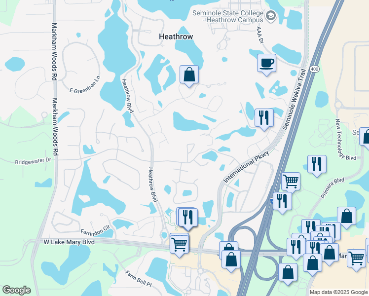 map of restaurants, bars, coffee shops, grocery stores, and more near 1381 Tappie Toorie Circle in Lake Mary