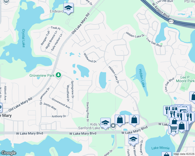 map of restaurants, bars, coffee shops, grocery stores, and more near 1054 Victoria Glen Drive in Sanford
