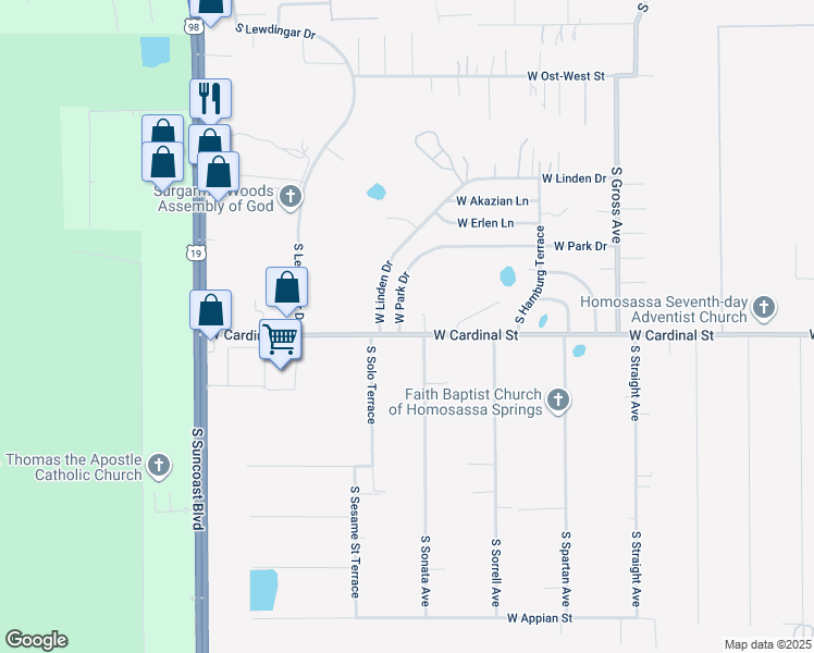 map of restaurants, bars, coffee shops, grocery stores, and more near 6705 West Cardinal Street in Homosassa
