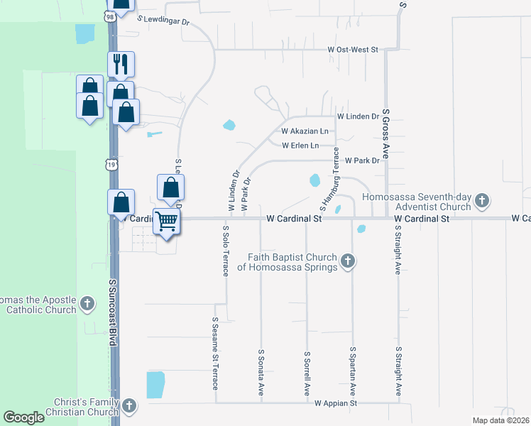 map of restaurants, bars, coffee shops, grocery stores, and more near 6629 West Cardinal Street in Homosassa