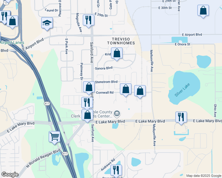 map of restaurants, bars, coffee shops, grocery stores, and more near 209 South Hampton Court in Sanford