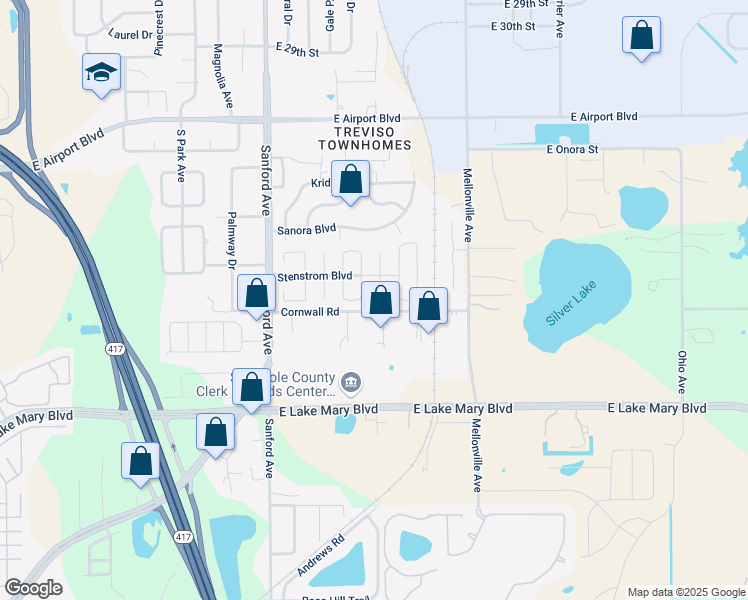 map of restaurants, bars, coffee shops, grocery stores, and more near 211 South Somerset Court in Sanford