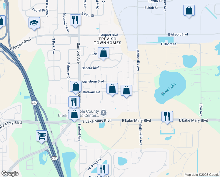 map of restaurants, bars, coffee shops, grocery stores, and more near 211 South Somerset Court in Sanford