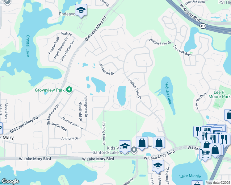 map of restaurants, bars, coffee shops, grocery stores, and more near 1054 Victoria Glen Drive in Sanford