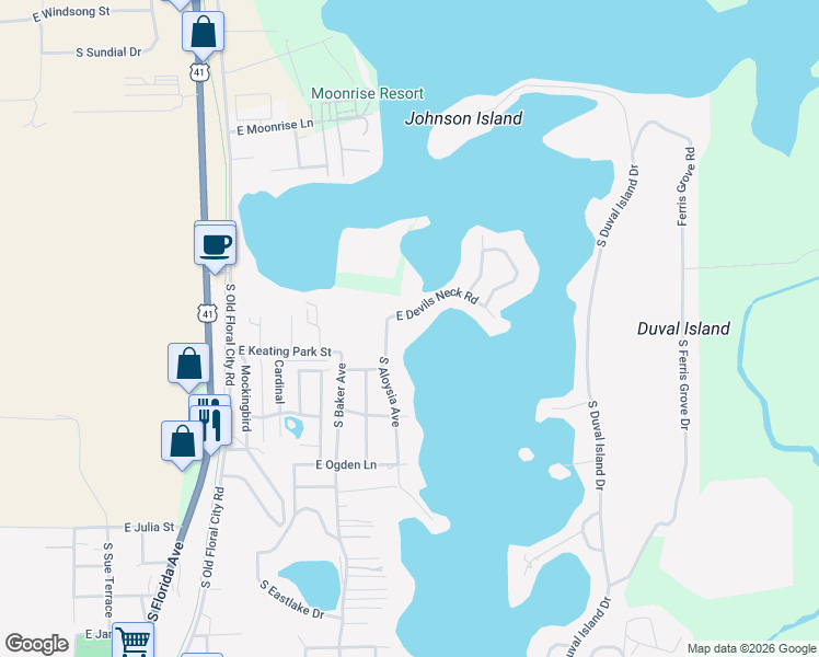map of restaurants, bars, coffee shops, grocery stores, and more near 8968 East Devilsneck Road in Floral City