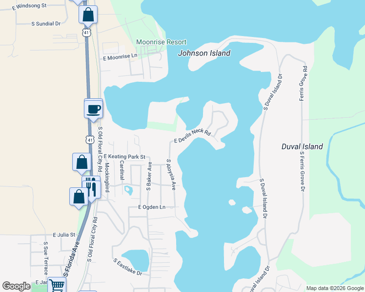 map of restaurants, bars, coffee shops, grocery stores, and more near 8968 East Devils Neck Road in Floral City