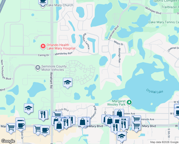 map of restaurants, bars, coffee shops, grocery stores, and more near 2821 Lobelia Drive in Lake Mary
