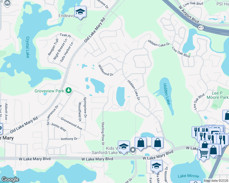 map of restaurants, bars, coffee shops, grocery stores, and more near 1054 Victoria Glen Drive in Sanford